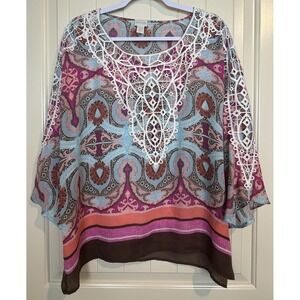 CHICO'S Size 3 US XL Lightweight Abstract‎ Crochet Accent Blouse 1/2 Sleeve GUC